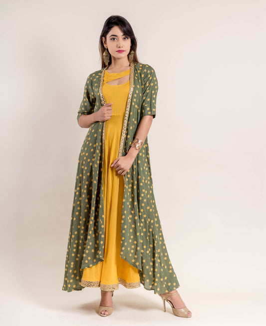 Green and Yellow Hand Block Printed Indo Western Jacket Dress